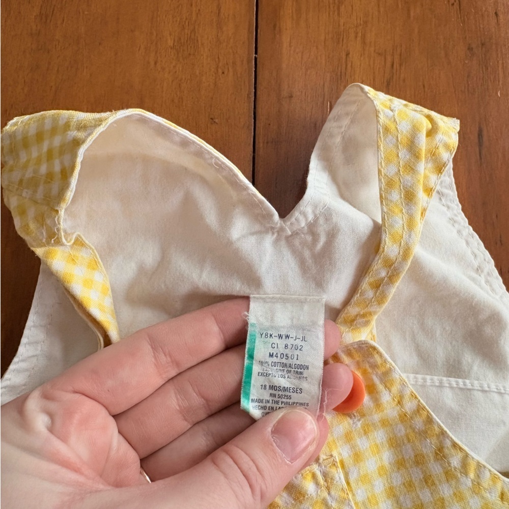 Vintage Kids Baby Girl Yellow Gingham Daisy Bubble Romper Overalls Size 18M - Picture 5 of 5